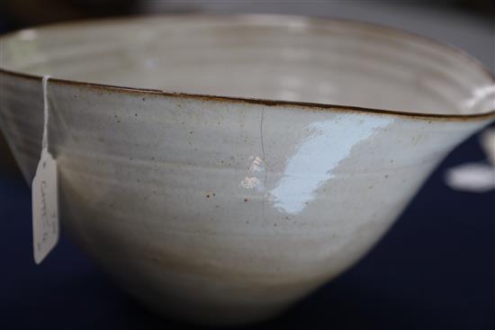 A large Dame Lucie Rie (1902-95) and Hans Coper (1920-1981) stoneware bowl, c.1955, L. 31.2cm, H. 16.5cm, hairline rim crack